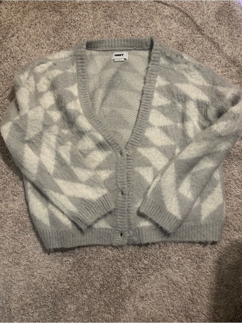 Obey Women's Gray & Cream Geometric V-Neck Cardigan